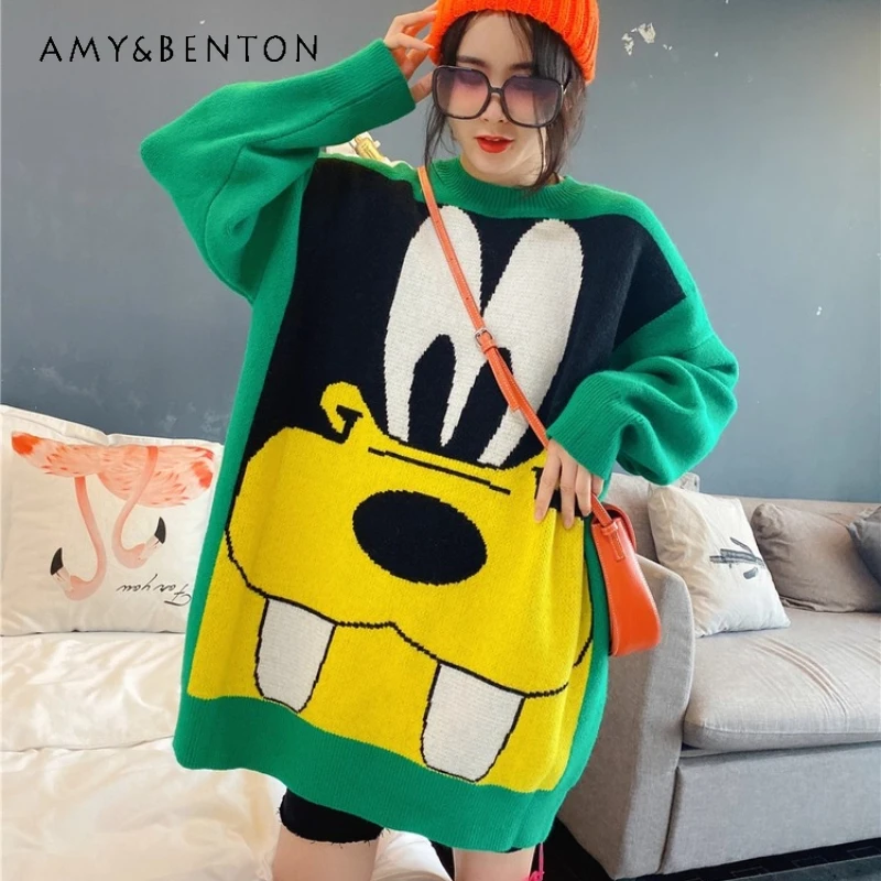

Winter Thickened Cartoon Pullover Comfortable Knitwear Top Loose Slimming Mid-Length Green Knitted Sweater Warm Loose Coat Women