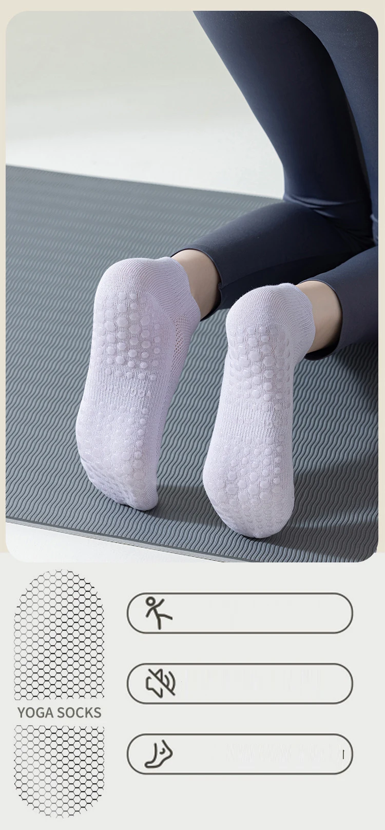 4 Paar rutschfeste Yoga-Socken für Damen, Baumwolle, niedrig geschnitten, Pilates-Socken, Gym, Fitness, Tanz, Sport, Bodensocken mit kurzem Griff – Detail 6