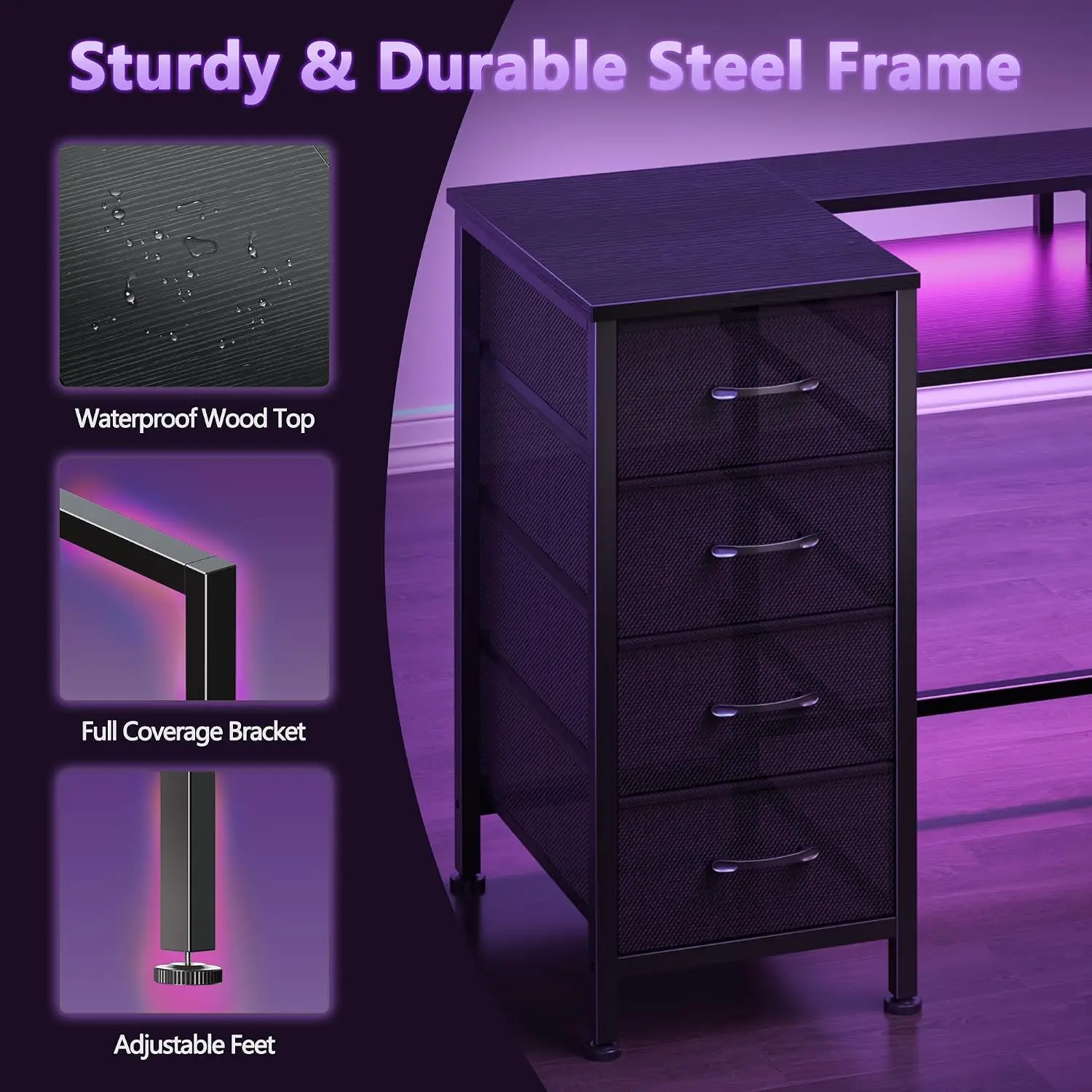 47 Inch Gaming Desk with Power Outlets LED Lights 5 Drawers Storage Black, Customized