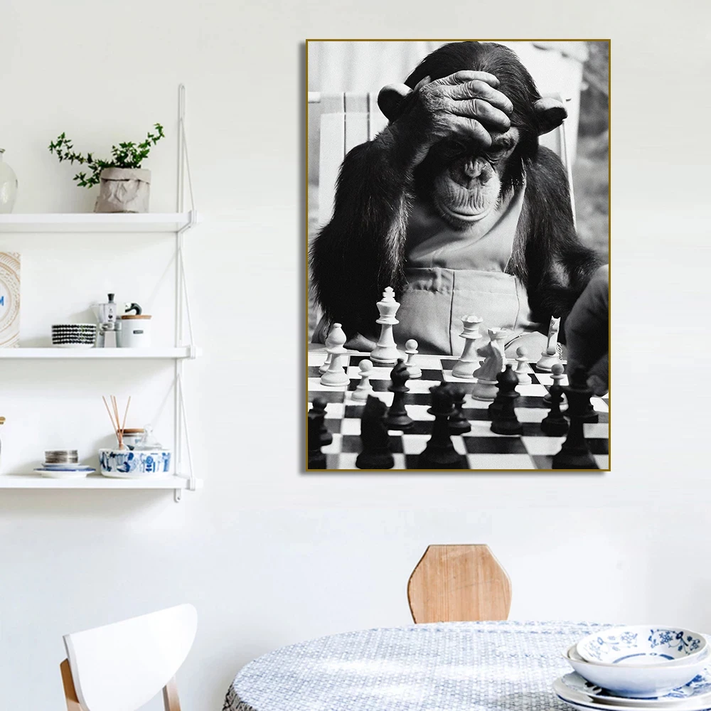 Funny Black and White Monkey Playing Chess Cockapoo Drinking Wine Poster Canvas Painting Wall Art Vintage Print Home Decor