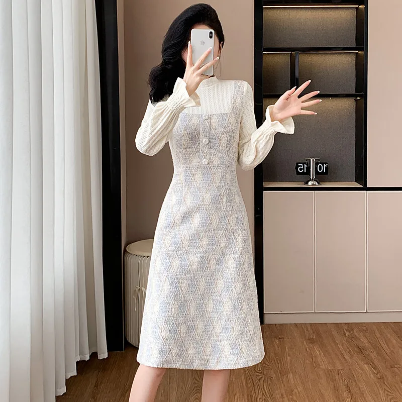 Elegant Casual Autumn Winter Midi Dresses 2024 Fall New French Slim Fake Two Pieces Splicing Tweed Long Sleeves Women\'s Clothes