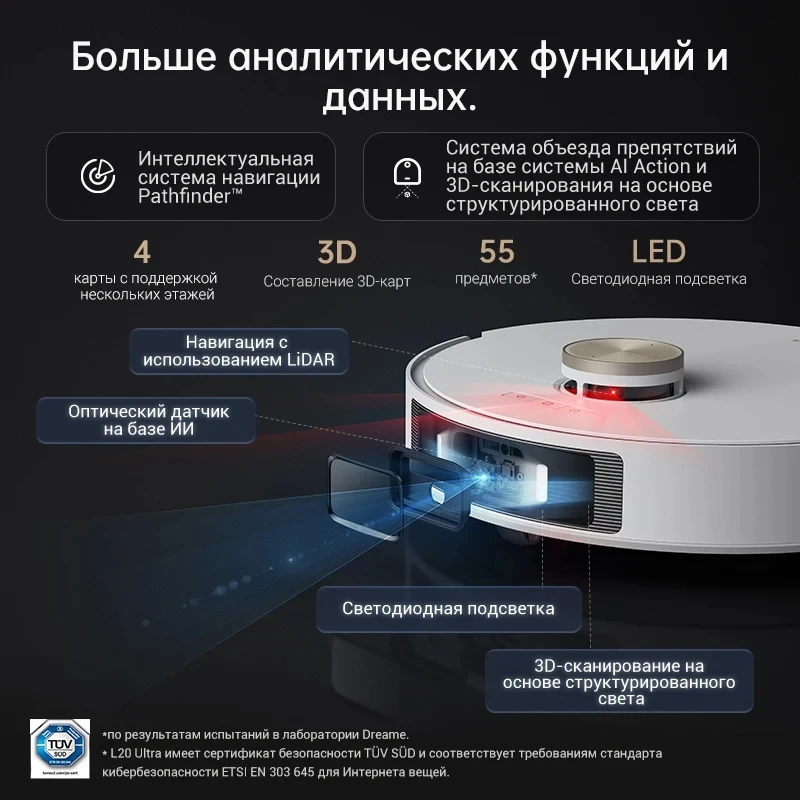 Робот-пылесос Dreame L20 Ultra complete , MopExtend™ Технология мытья пола вдоль стен,Определение высоты ворса ковров и автовыбор уборки,Технология