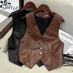 New Spring Waistcoat Women PU Leather Clothes Slim Sleeveless V Neck Blazer Vest Women Casual Fashion Office Lady Suit Tank Tops