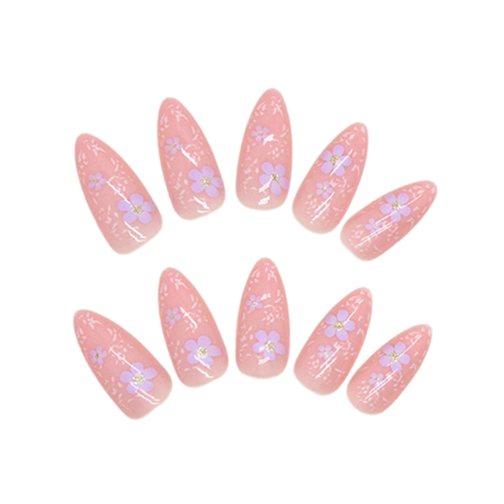 Purple Flower Setting -length Almond False Nails Natural Unbreakable Nail Simple Wear for Shopping Traveling Dating