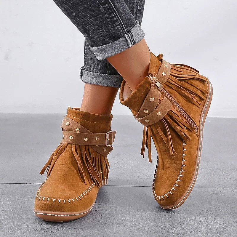 Shoes for Women 2023 High Quality Winter Women Boots Solid Color Round Toe Flock One Word Buckle Zipper Rome Zapatillas De Mujer