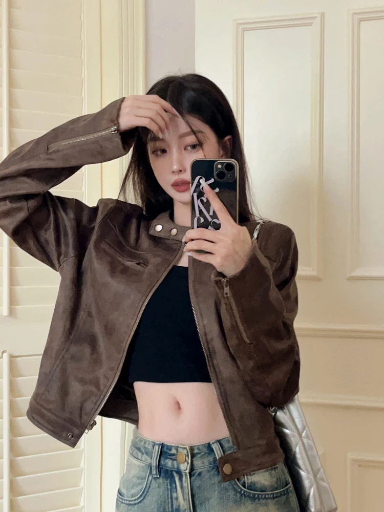 Automne 2025 nouveau Sle Hot Girl Slim Fit américain rétro marron peau de cerf velours cuir Jaet femmes ort moto Jaet
