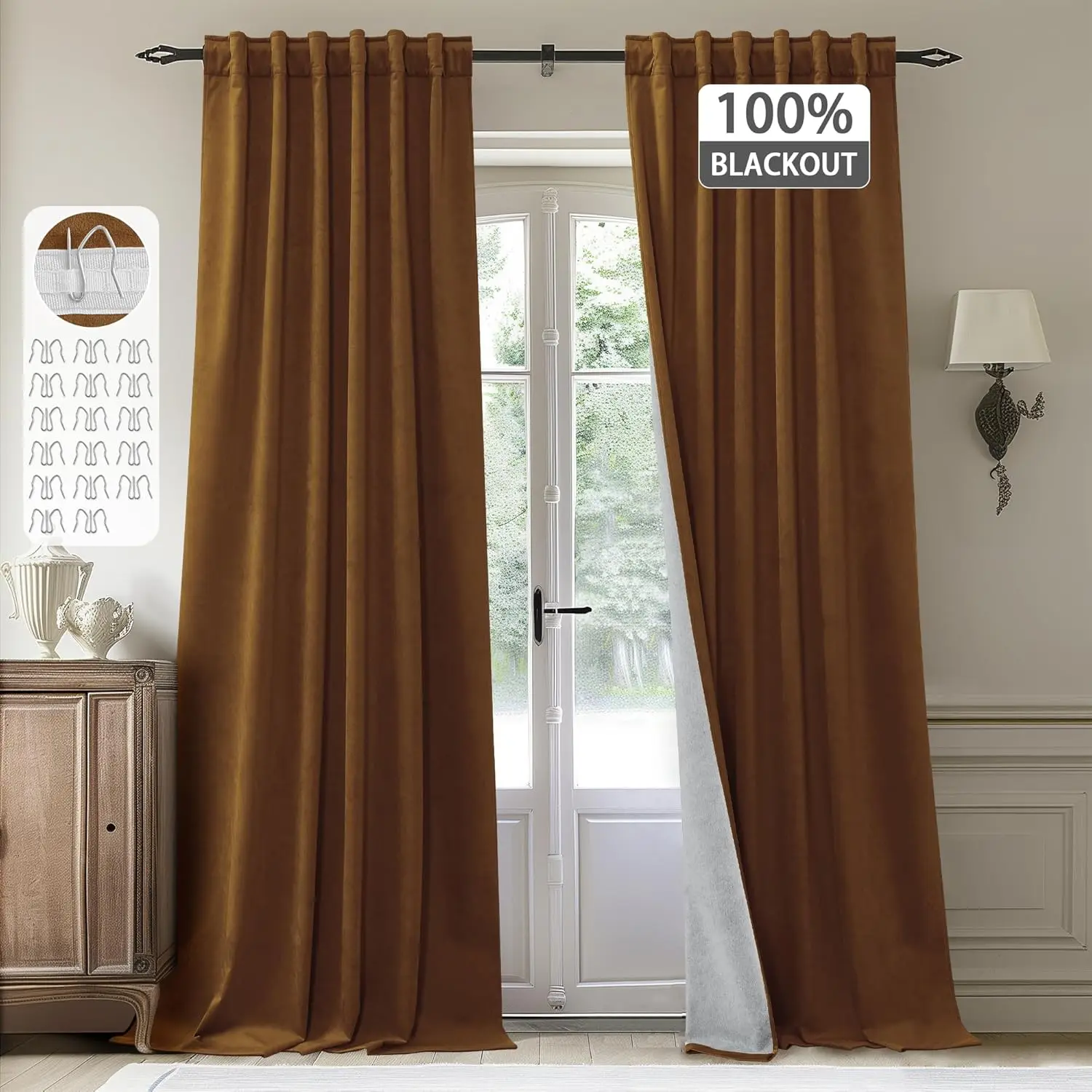 

Gold Brown Curtains Luxury Velvet Blackout Thermal Insulated Window Drapes for Bedroom White Liner Back Tab Hook Belt fo
