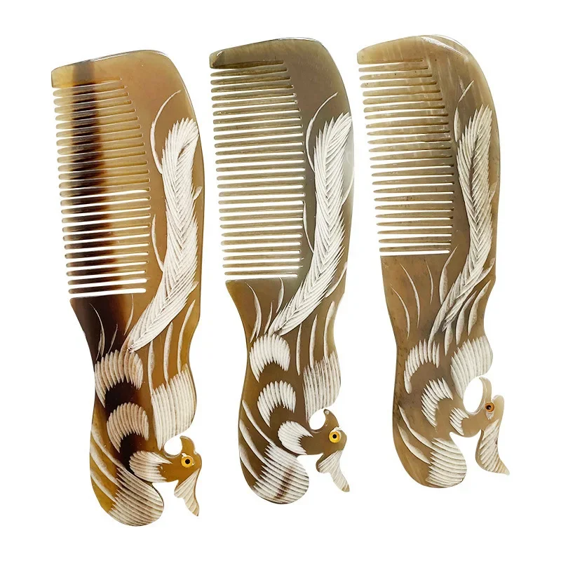 

Handcarved Ox Horn Comb - Phoenix & Mandarin Duck Pattern, Single-Sided Design for Long Hair, Traditional Chinese Hair Accessory