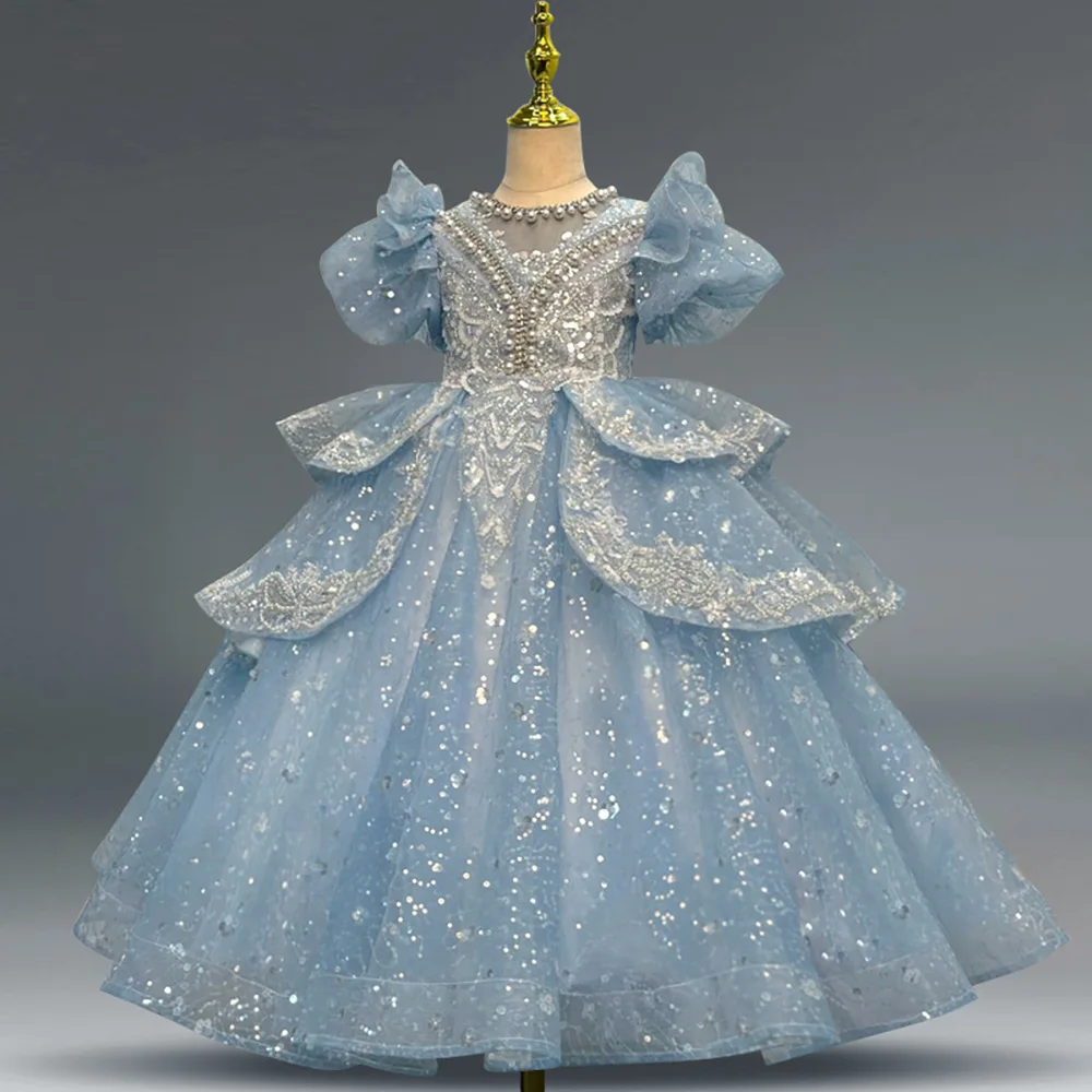 Bambini ragazze abito da sera blu per la festa di compleanno ricamo di lusso perline paillettes bambini abiti da principessa vestito da ragazza di fiori