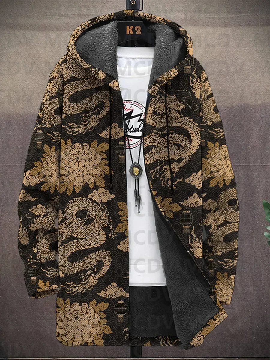 Men's Japanese Style Dragon Pattern Hooded Two-Pocket Fleece Cardigan Jacket