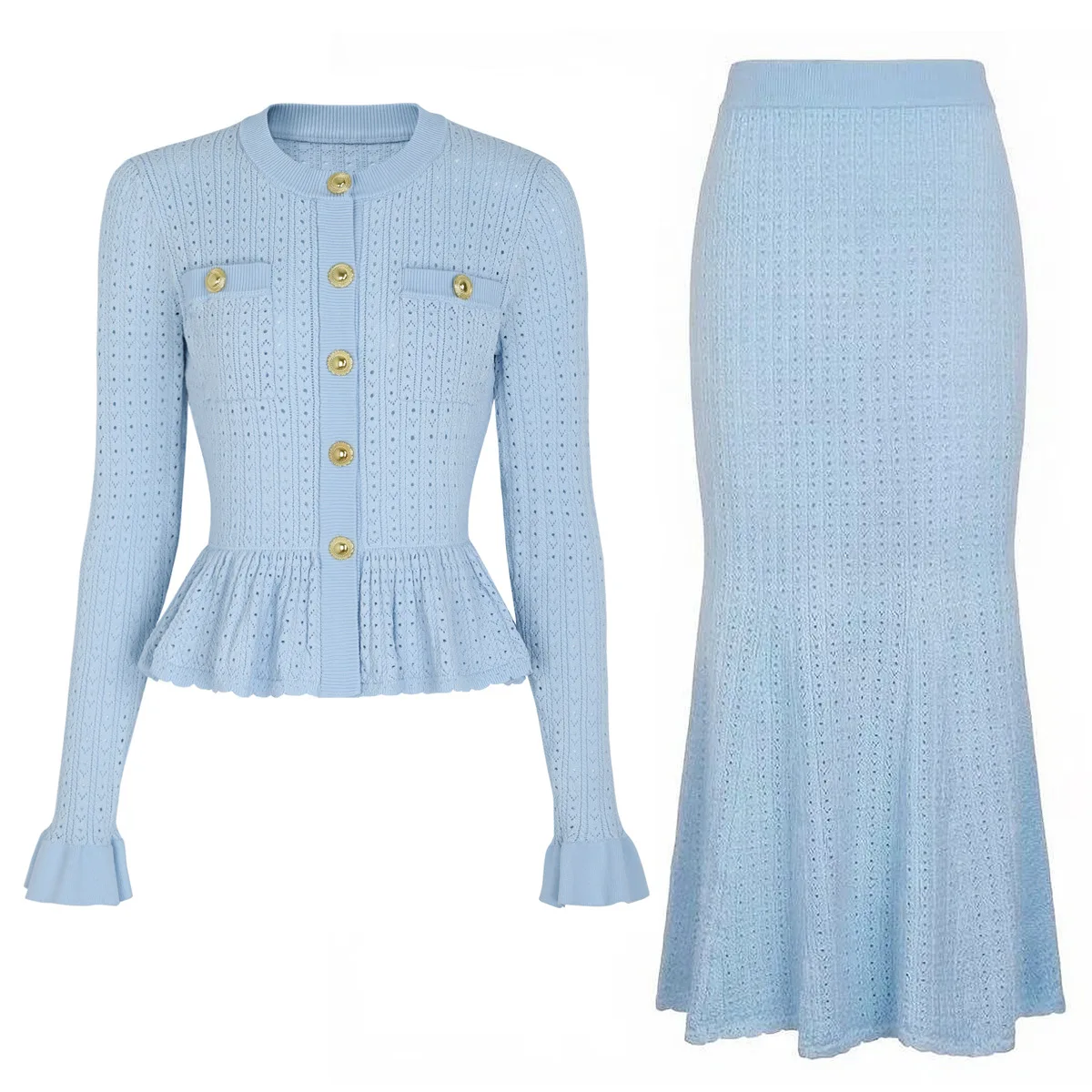 Women Fashion Flare Sleeve Sweater Top and Long Skirt Blue Outfit Female High Quality New Autumn Knitted Skirts 2 Piece Set