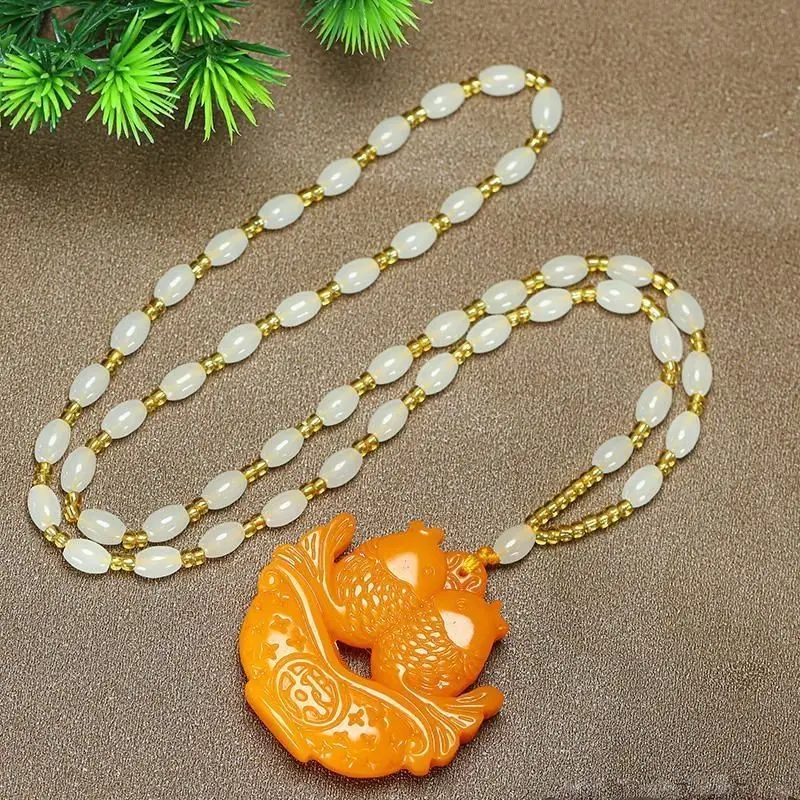 ade Double-Sided Carved Rich and Safe Double Fish Pendant Yellow Dragon Jade Every Year There Are More Fish Pendant Pendant