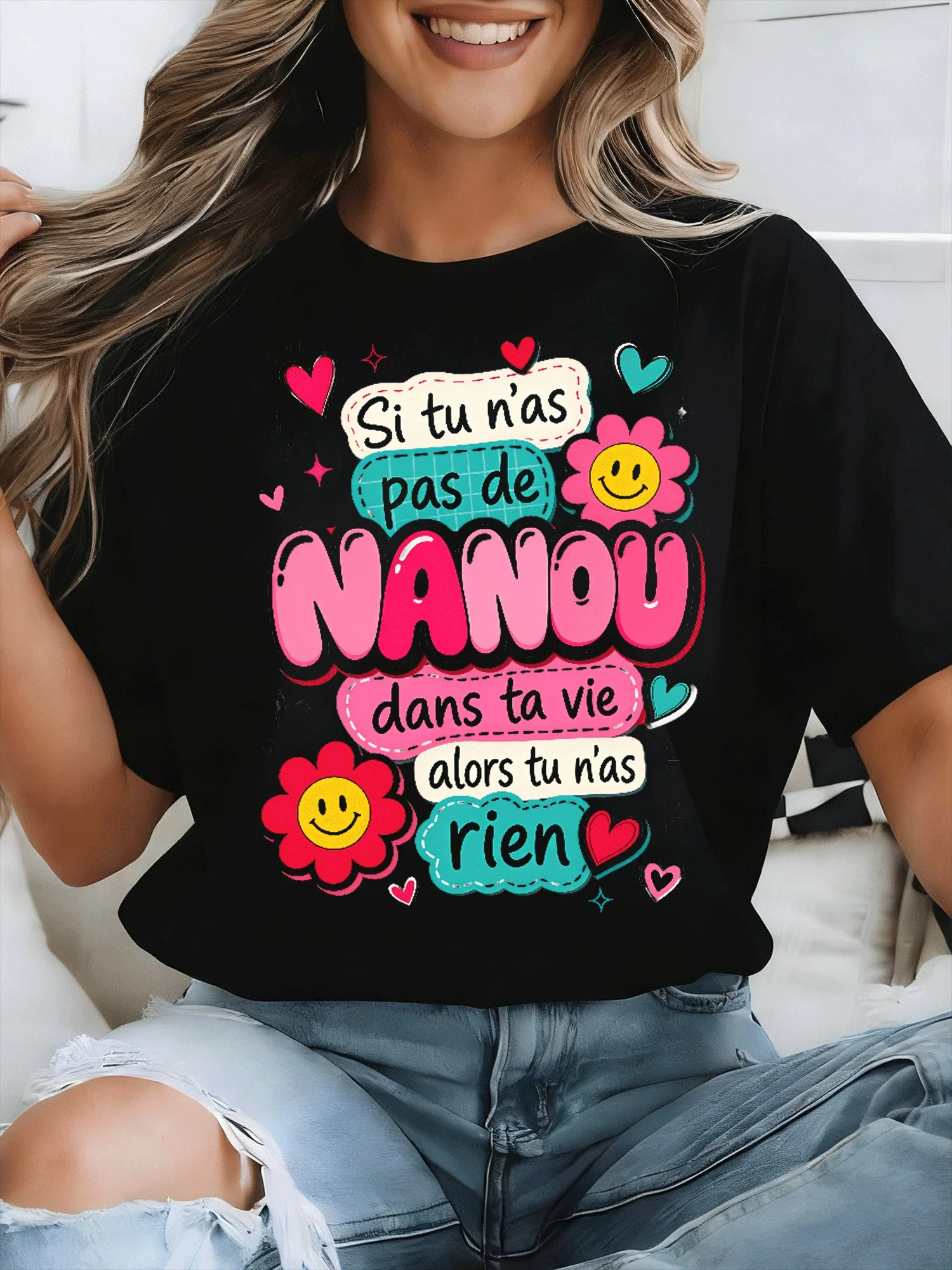 Oversized Y2K Retro T-Shirt for Men & Women with Nanou Quote Heart Sticker Collage - Loose Streetwear Tee Fit for 2000S, Unisex Casual Wear, Machine Washable Transfer Print