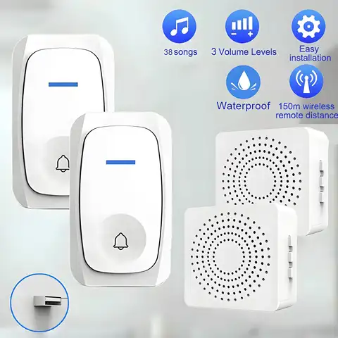 USB Wireless Doorbell Waterproof Welcome Chime Home Door Bell Intelligent Three-speed volume 38 Songs Smart Melodies Alarm