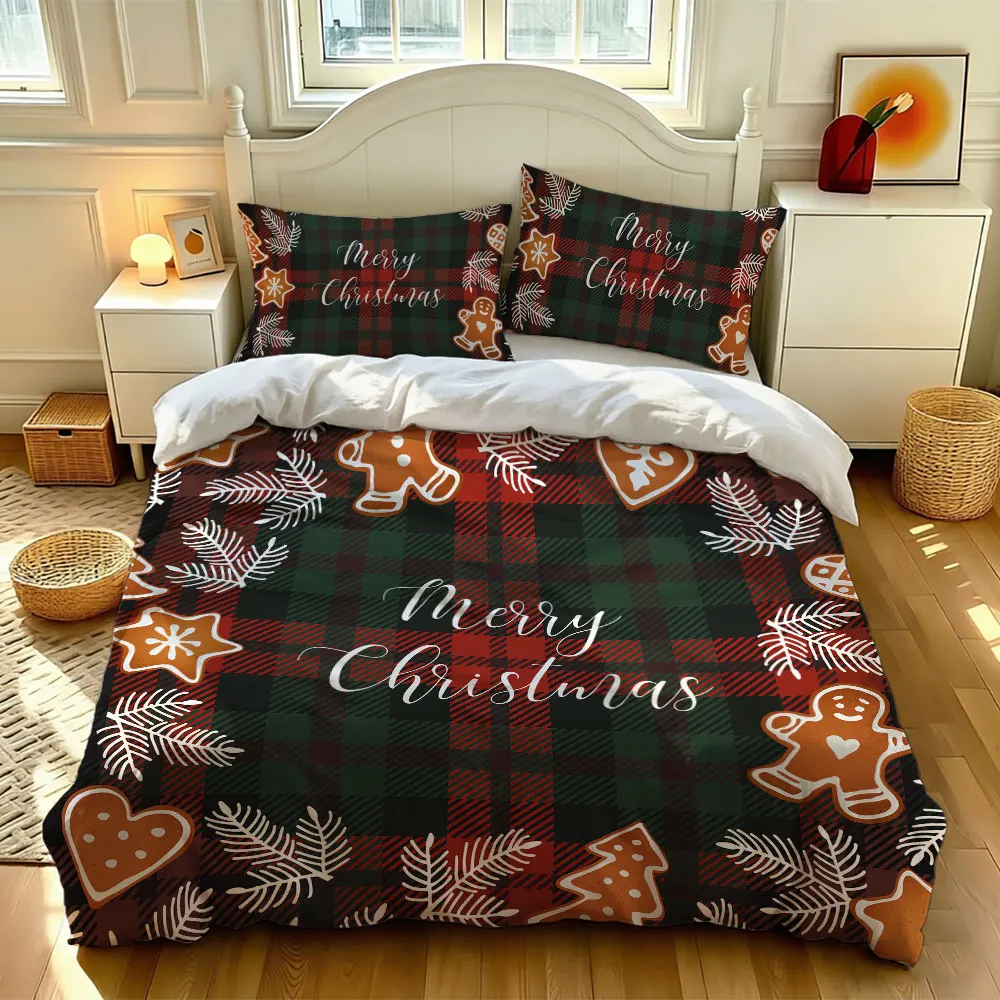3piece set (1 bedspread + 2 pillowcases) with a Merry Christmas gingerbread man plaid perfect for home decoration