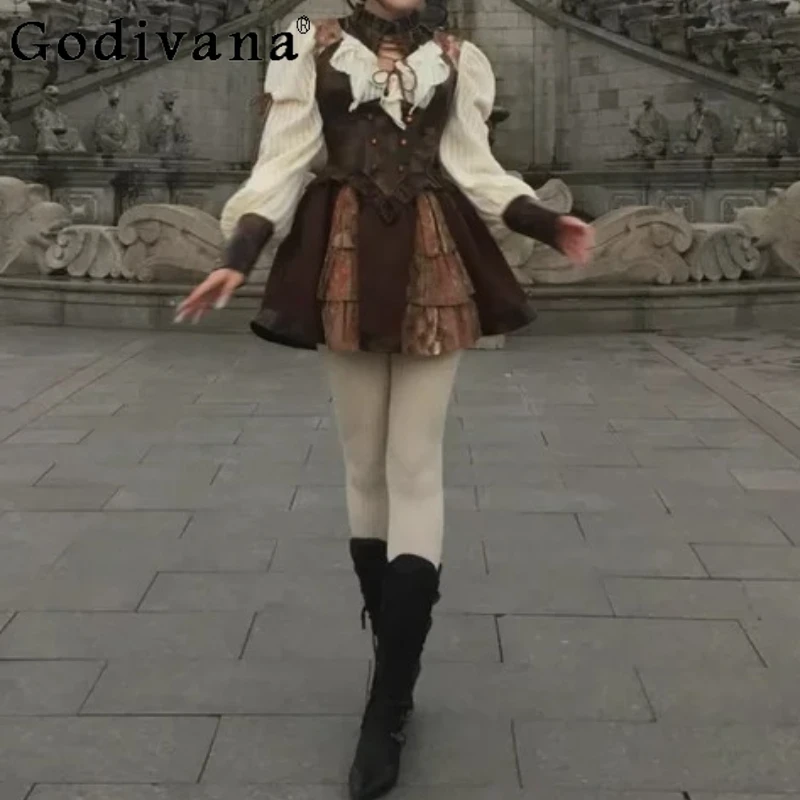 

Spring Autumn Punk Knitted Leather Splicing Girl Vintage Lace-Up Shirt Fashion Age Reduction Slim Personality Gothic Street Top