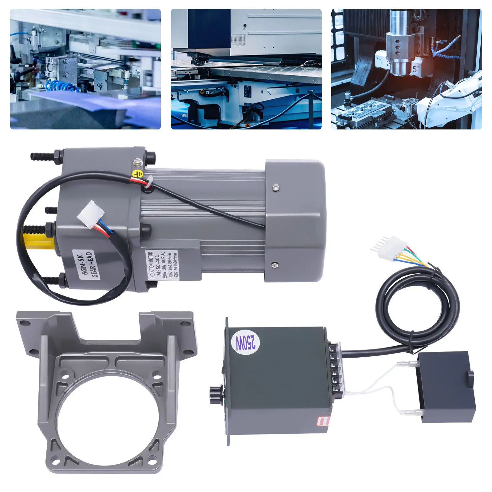 250W 110V AC Gear Motor with Variable Speed Controller and Bracket Single-Phase Gear Reducer Motor Reversible High Torque Motor