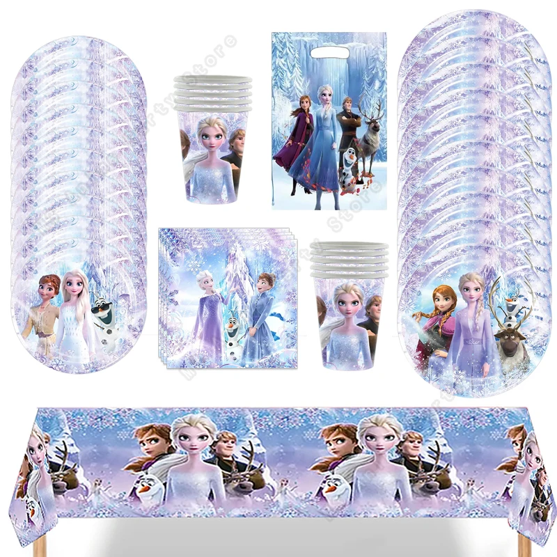 Frozen Elsa Anna Olaf Birthday Party Decorations Supplies Kit for Girls Including Disposable Tableware Paper Cups Plates view 4