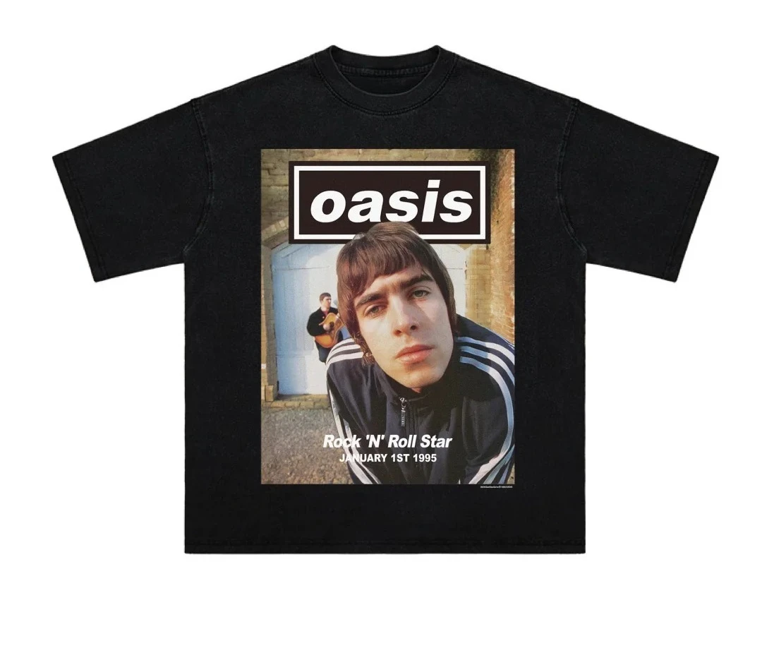 Мужская футболка с рисунком черной полосой, винтажная футболка Oasis Rock 'N' Roll Star 1995, хлопковая уличная футболка с концертом и фотографиями в стиле ретро 90-х годов, футболка с музыкальным товаром