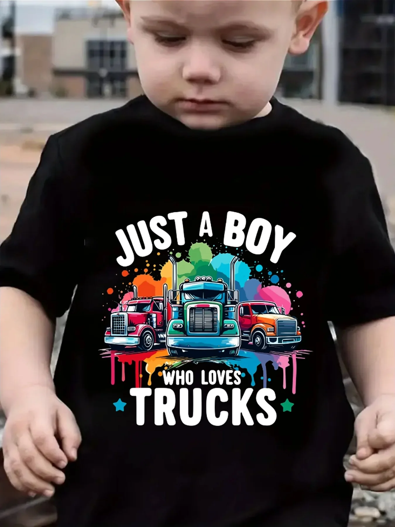 Just A Boy Who Loves Trucks Color Splash Family Matching T Shirt Boy Girls Short Sleeve Summer Crew Neck Parent Child Casual Top
