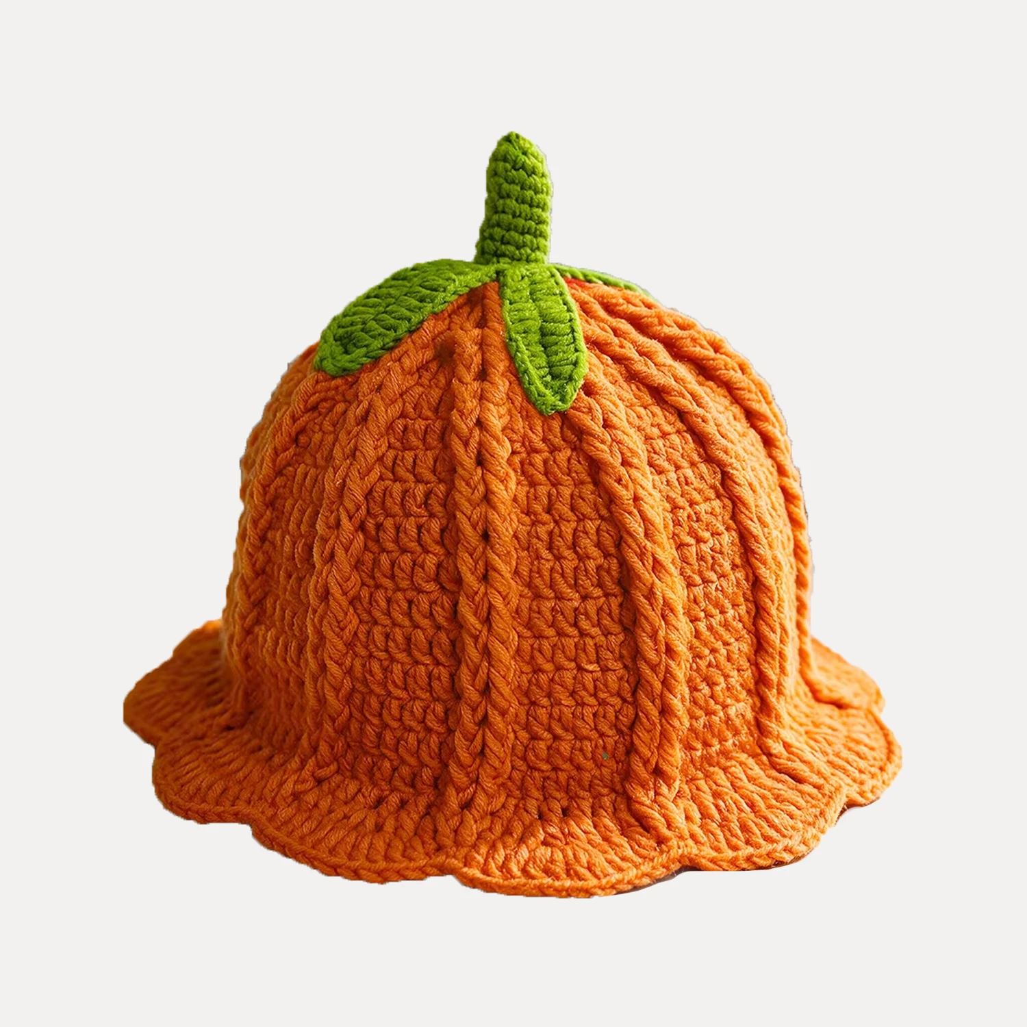 Women Halloween Pumpkin Crochet Bucket Hat Cottagecore Ruffled Brim 3d Stem Leaf Knit Cap Girls Festival Cosplay Party Costume H