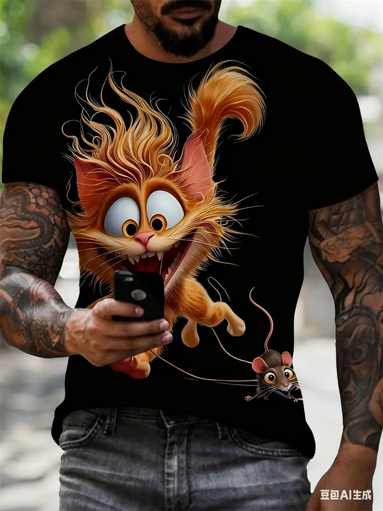 

Funny Cartoon Cat Printed Men's T Shirt Summer Casual Crew Neck Short Sleeve Top Leisure Fashion Outdoor Male Overszied Clothing