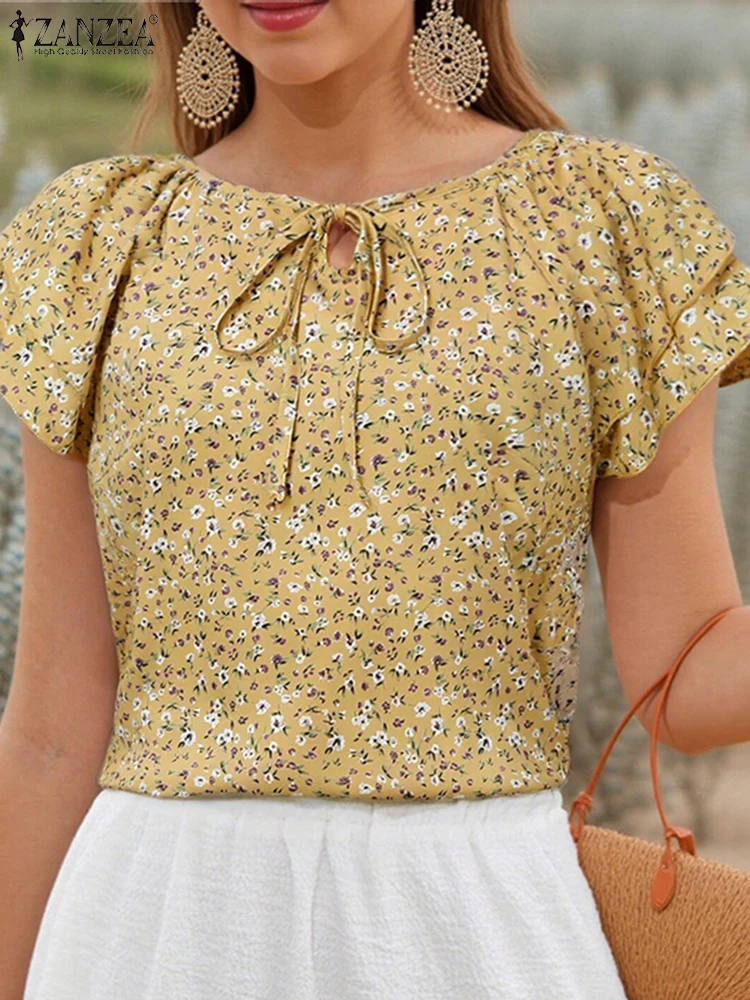 패션 프릴 반소매 탑 ZANZEA 여성 꽃 프린트 블라우스 홀리데이 레이스 업 튜닉 빈티지 2025 Summer Commuting Blusas
