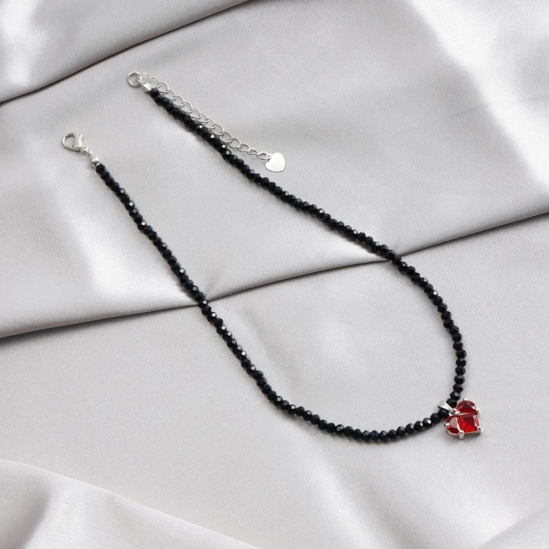 Elegant Love Charm Choker with Black Crystal Bead Adjustable Length Neckchain Dropsale