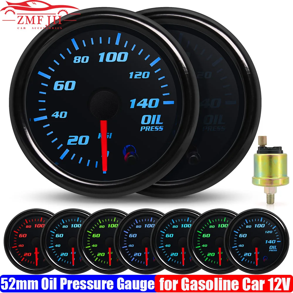 Smoke Lens 52mm Oil Pressure Gauge with Sensor 7 Color Backlight 0~140PSI Oil Press Meter for Gasoline Car 12V Custom