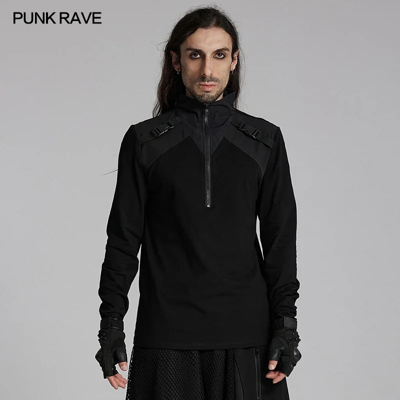 PUNK RAVE Men's Punk Techwear Style Long Sleeved Knitted Mesh T-shirt Handsome Cyberpunk Tops Men Clothing Streetwear