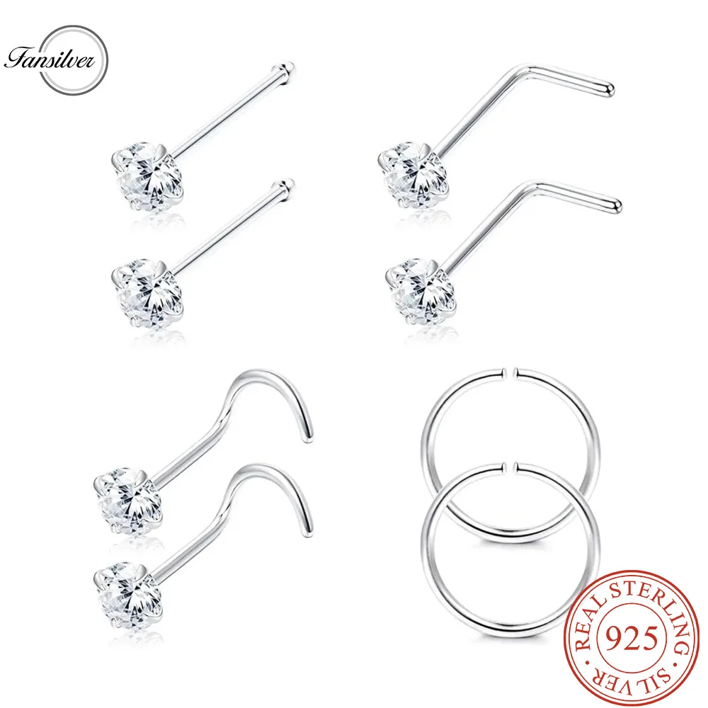 

Fansilver S925 Sterling Silver Nose Rings Studs L Shaped Nose Rings for Women Men Helix Piercing Jewelry Set Cartilage Earrings