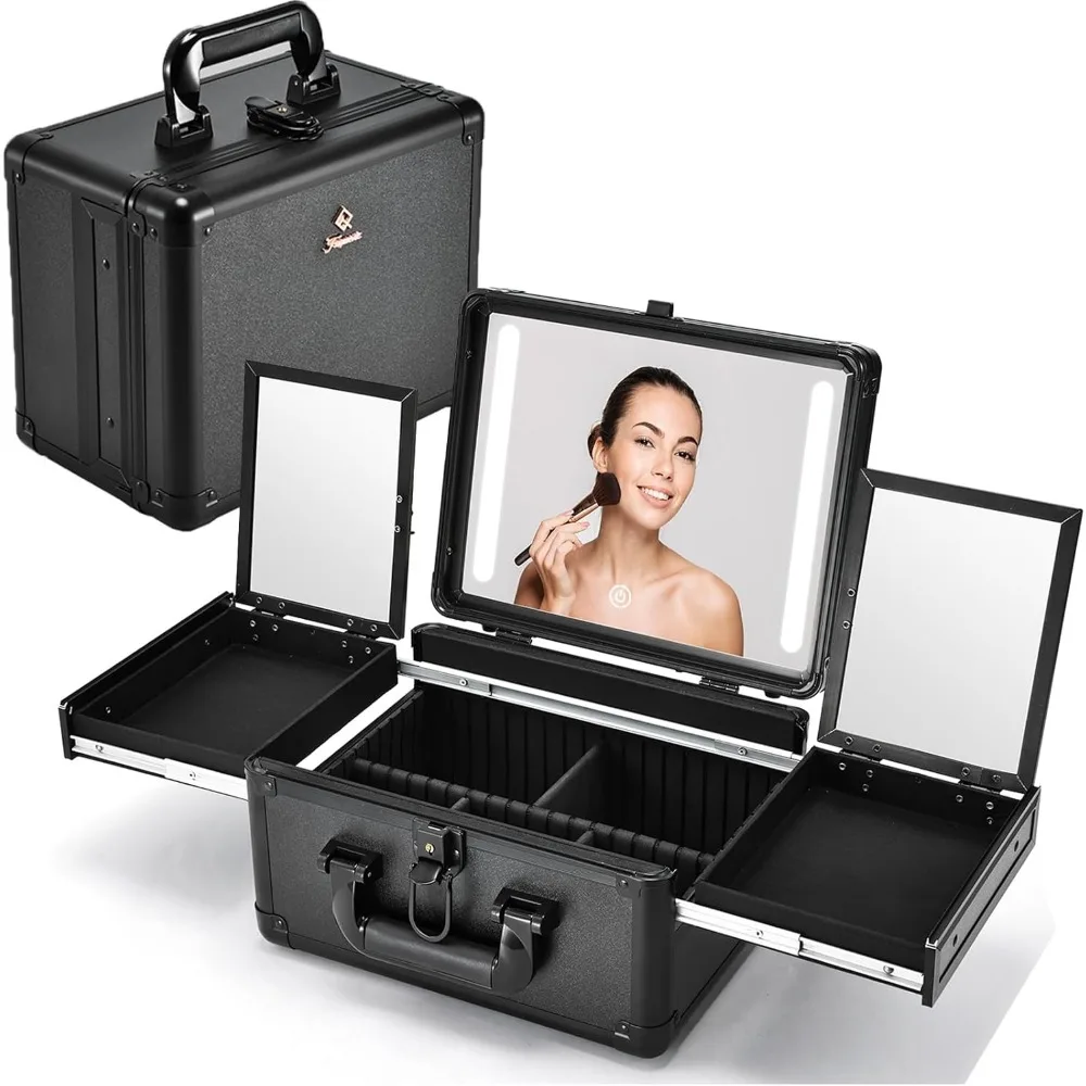 

LED Lighted Makeup Case with Adjustable Mirror, 11.2 Inch Travel Organizer with Storage Trays and Dividers