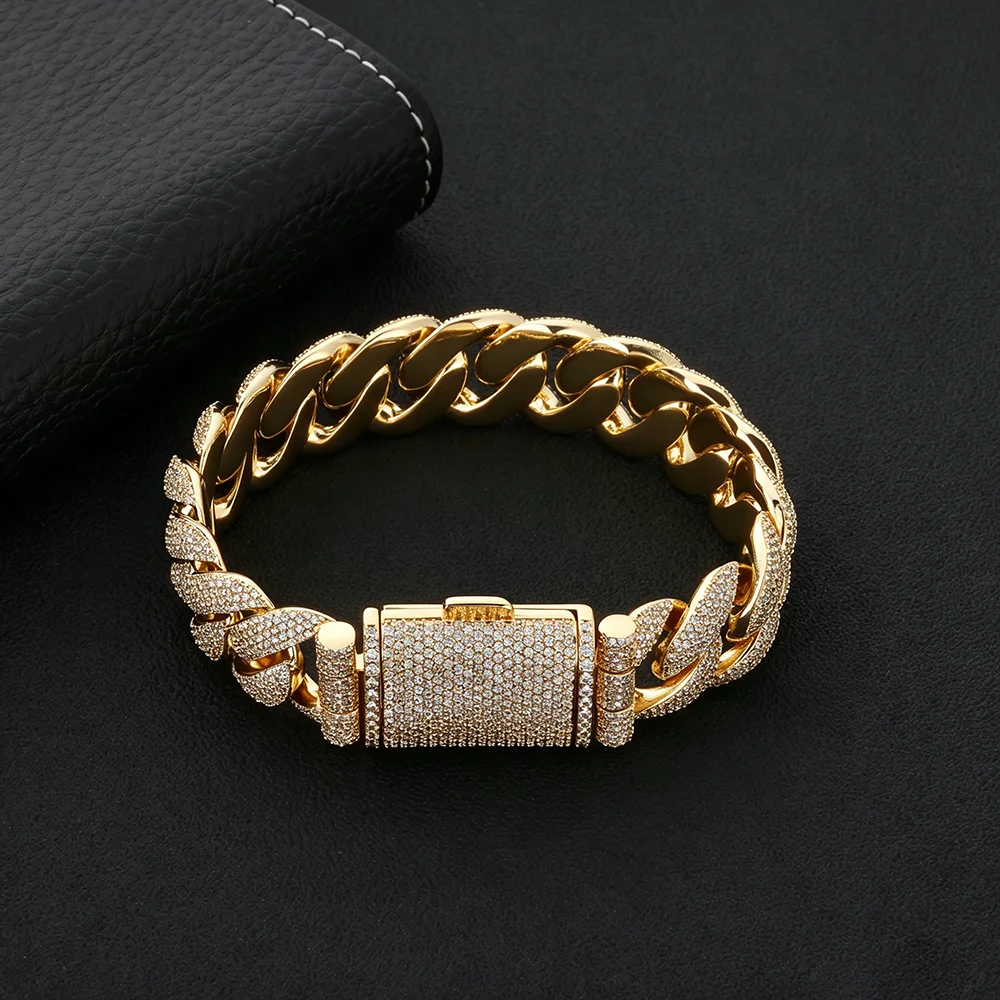 NY Hot Selling 22mm Thick Inlaid With Full Diamond Iced Out 18K Gold Plated Cuban Bracelet Fashion Miami Luxury Hip Hop Jewelry