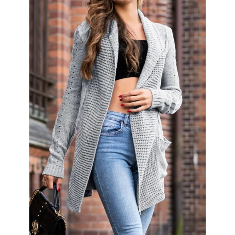 เสื้อสเวตเตอร์ผู้หญิงสีพื้นสำหรับฤดูใบไม้ร่วงและฤดูหนาว แฟชั่นลำลอง แขนยาว ไม่มีกระดุม