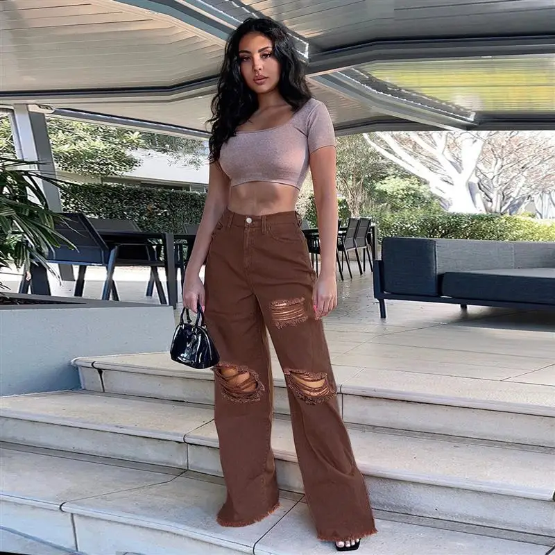 

Faionable HG0025 Straight Leg Jeans Women's Hole Punching Personali Long Trousers Winter Collection Ladies' Denim