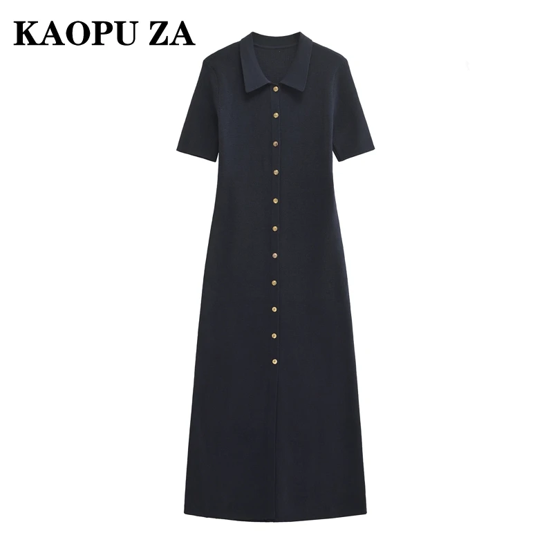 KAOPU ZA 2024 Autumn New Product Lady Half Sleeve Drees American Style Turn-down Collar Black Slim Fit Long Flute Dress