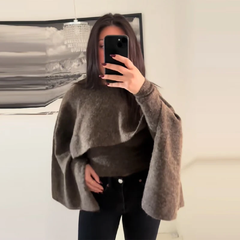 أنيقة عارضة تريكو سيدة أزياء أنيقة متواضعة الكلاسيكية تنوعا بسيطة كيب القمم حزب العصرية الخريف الإناث محبوك البلوزات