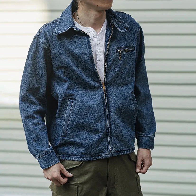 1970s American Vintage Trucker Washed Zip Up Denim Casual Jacket 13oz 100% Cotton Stone Washed Twill Denim Work Jacket