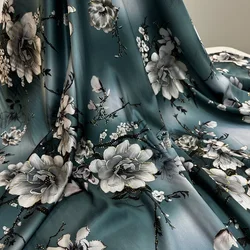 Silky Floral Fabric Satin Finish, Luxurious Foil Print for Dressmaking, Evening Gowns, Robes 