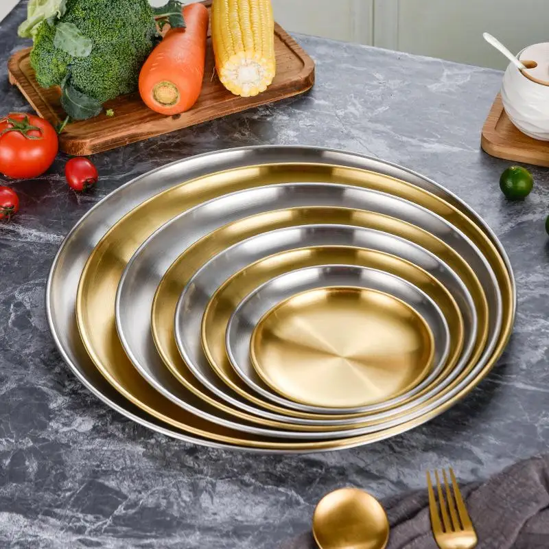 1PC Thickened Stainless Steel Disc Golden Cafe Tray Dining Disc Fruit Meat Dessert High Quality Round Plate Shallow Tray