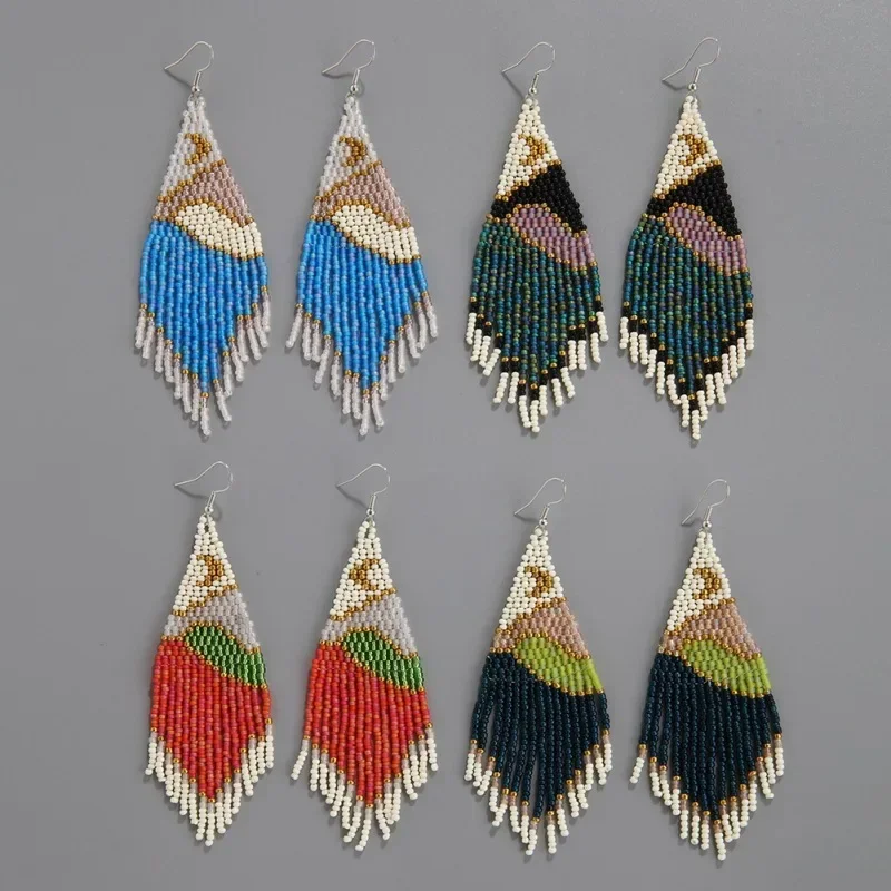Rice bead earrings Tassel landscape View Moon Design Hand knitting Bohemia Alloy Fashion Simple Beaded earrings image 2