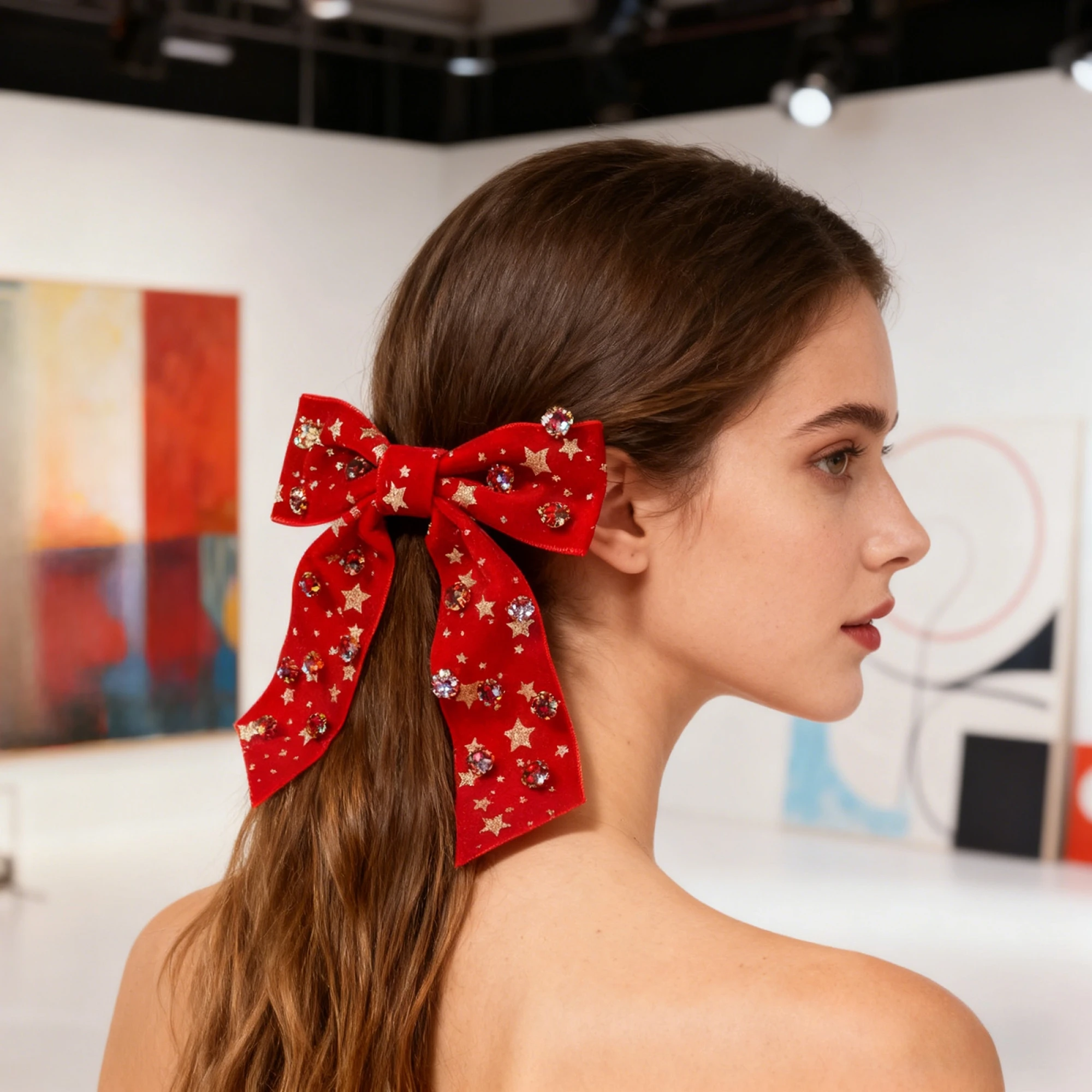 

Festive Red Velvet Bow Headband with Sparkling Rhinestones for Women and Girls - Holiday Hair Accessory for Christmas Parties