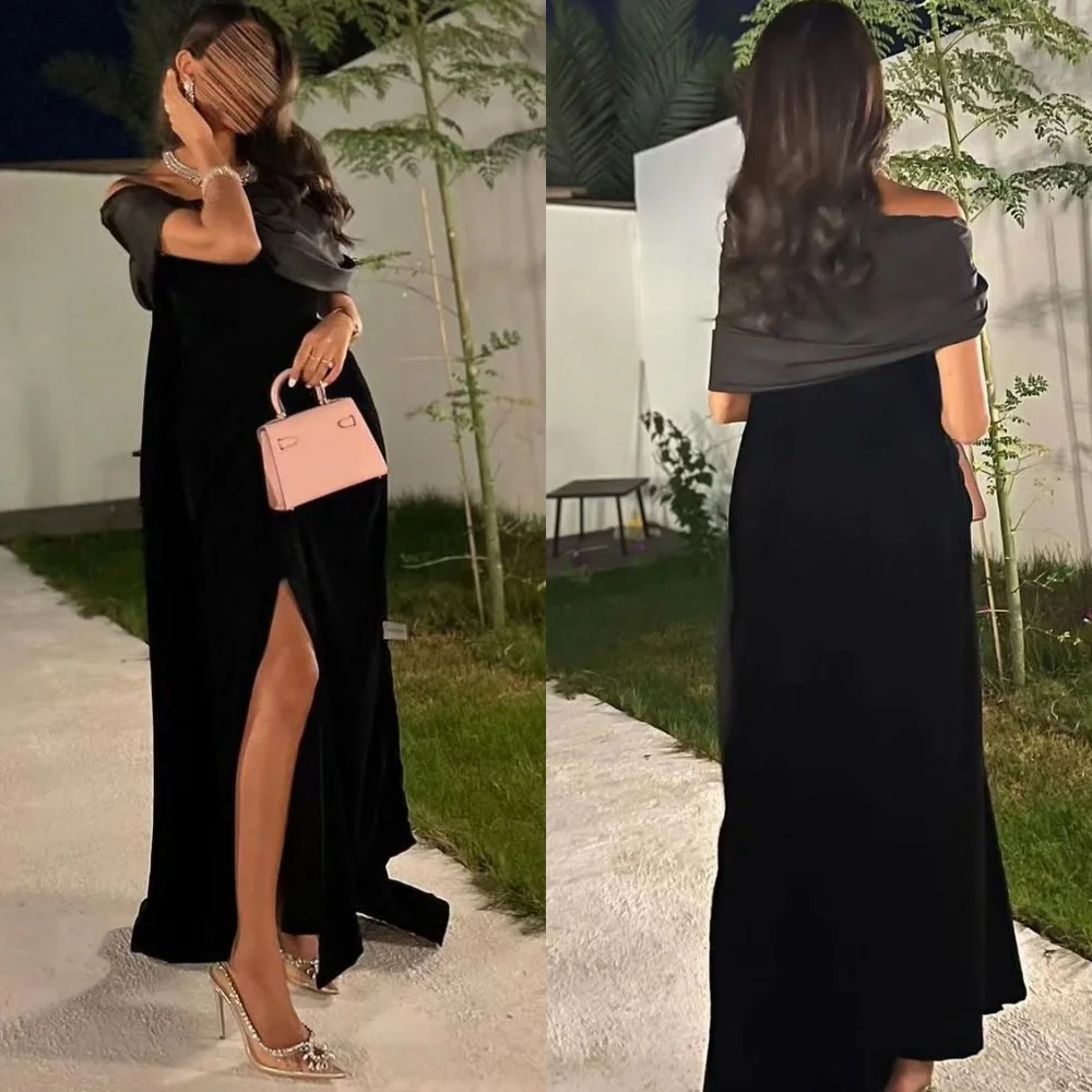 ที่กําหนดเองสีดํา Mermaid ชุดราตรี A-Line ง่าย Sweep Train JERSEY PARTY ชุดปิดไหล่แขนสั้นชุดราตรี