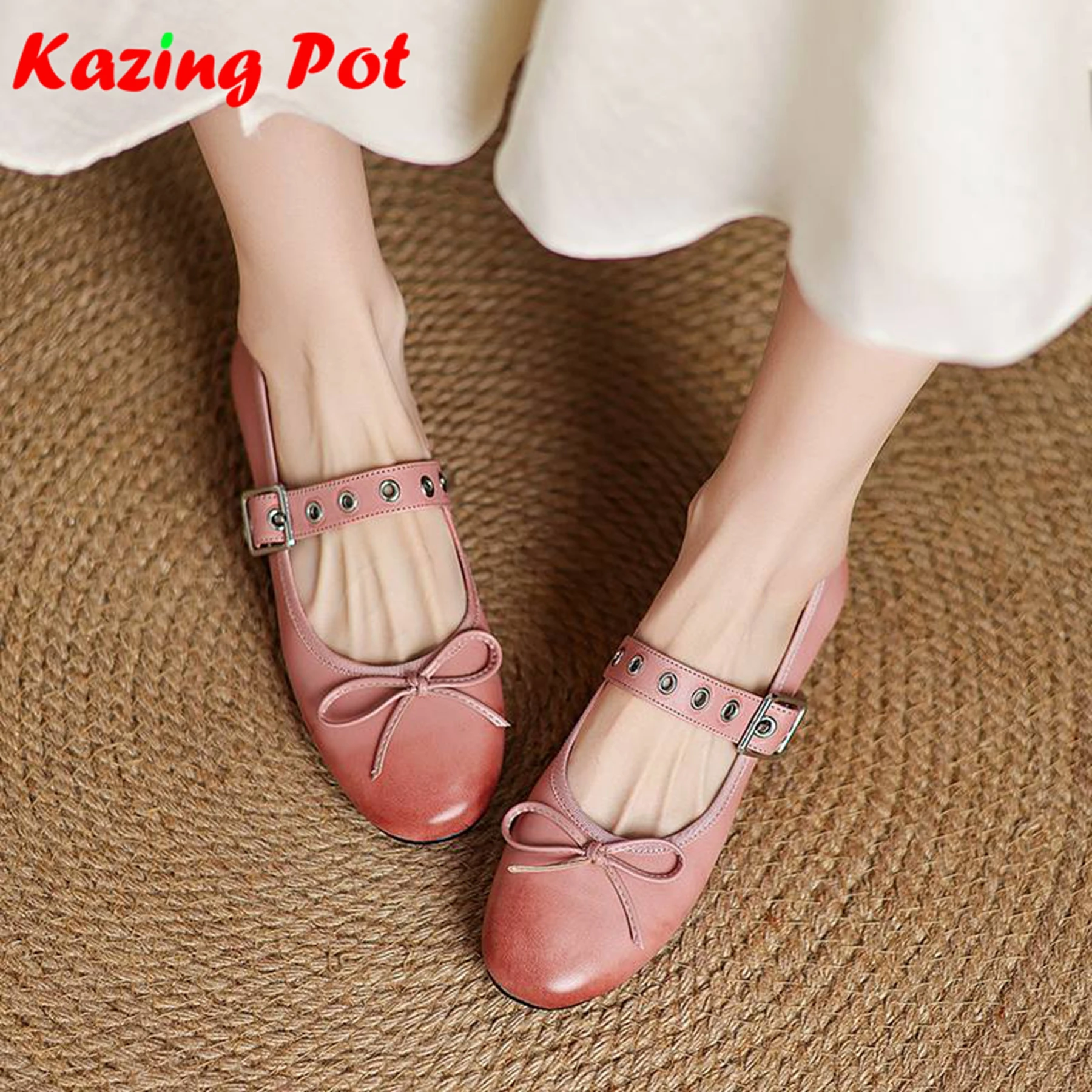Krazing Pot Cow Leather Round Toe Women Summer Modern Street Wear Ballet Dancer Mary Janes Metal Rivets Butterfly-knot Ins Flats
