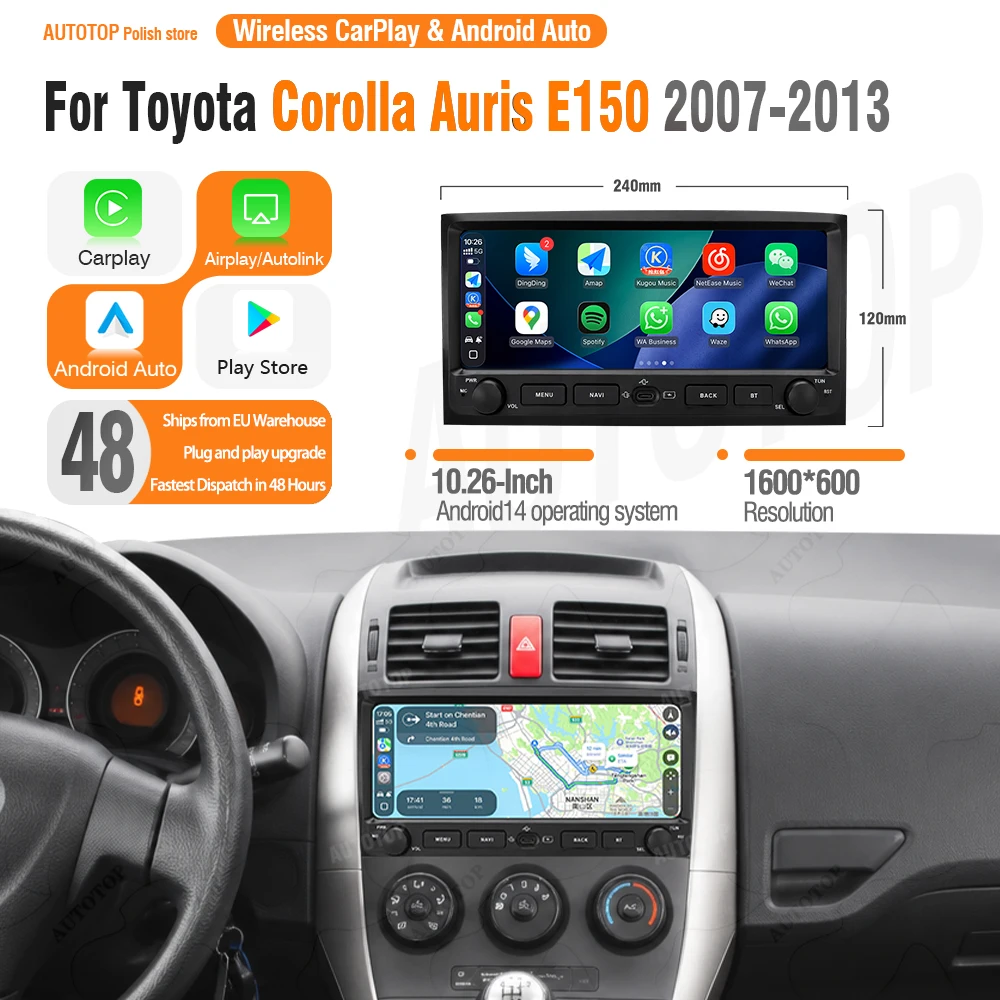 AUTOTOP Autoradio Android 14 sans fil Carplay Android Auto 10,26 pouces pour Toyota Corolla Auris E150 2007-2013, lecteur multimédia pour voiture avec écran tactile, prend en charge le système Harman Kardon, prend en charge la caméra de recul, Plug and Play, 2Din, navigation GPS, unité principale stéréo, 4G/WIFI