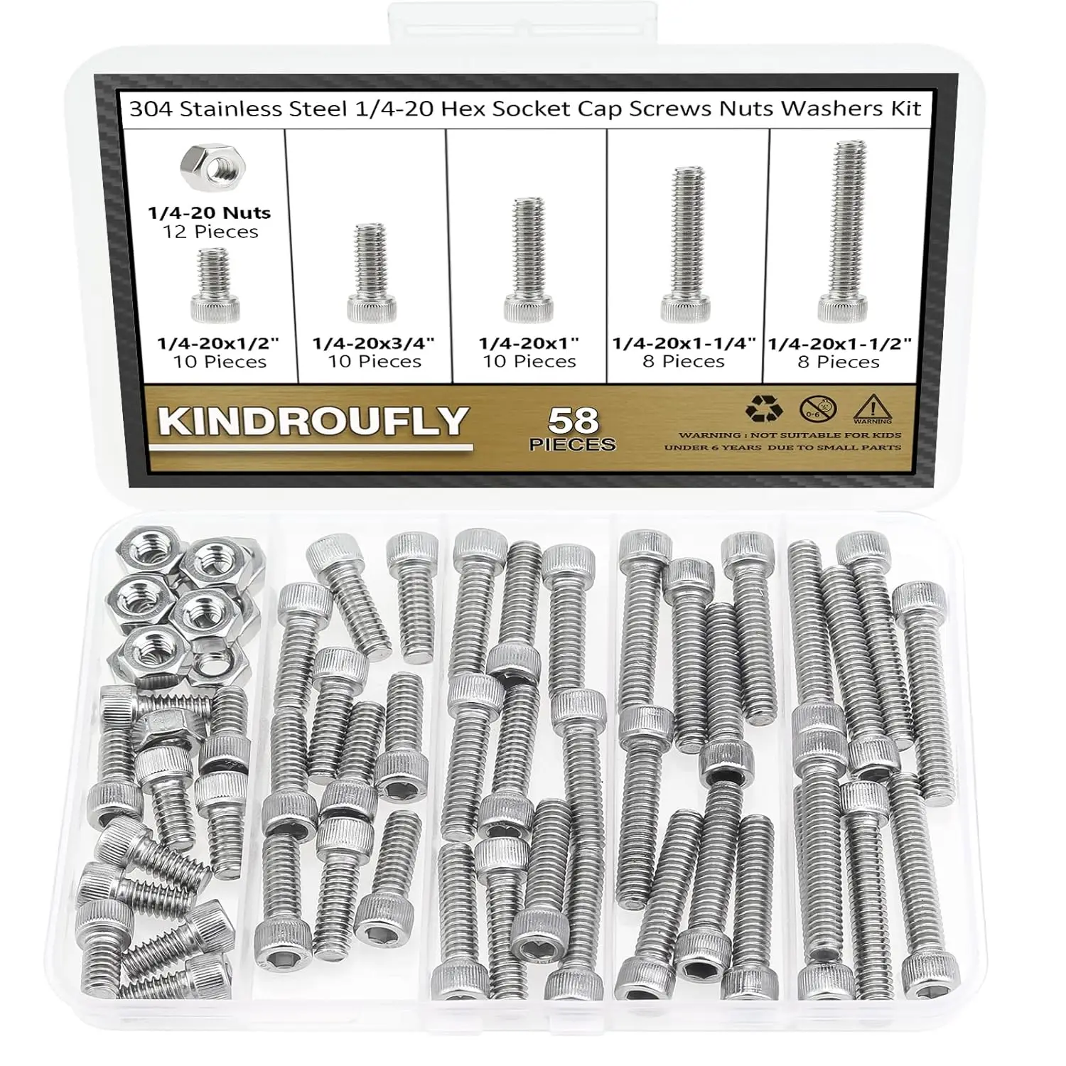 

Набор из 58 винтов и гаек с шестигранной головкой 1/4-20 из нержавеющей стали 304, различных размеров для универсального использования