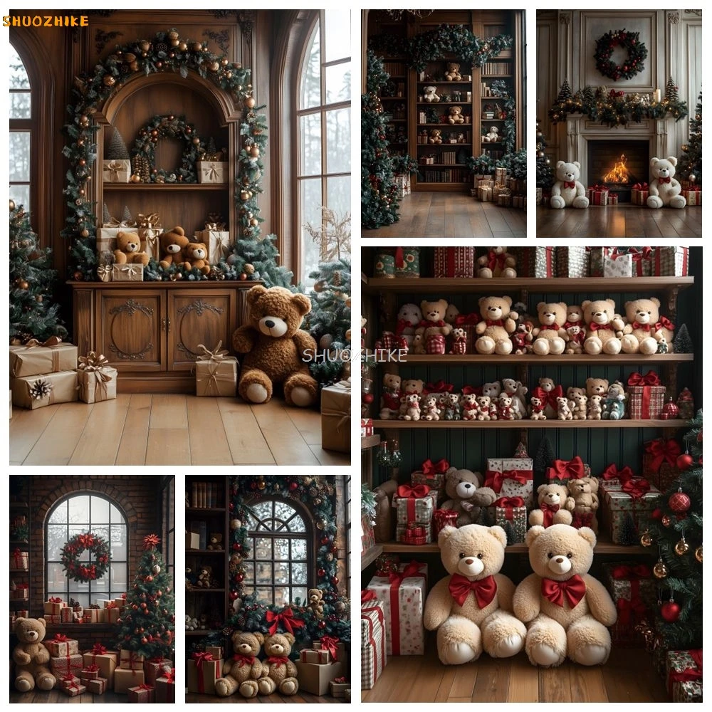 

Christmas Photograhy Backdrop Toy Bears Cabinet Xmas Tree Gifts Window Toy Store Kids Family Portrait Photocall Background Decor