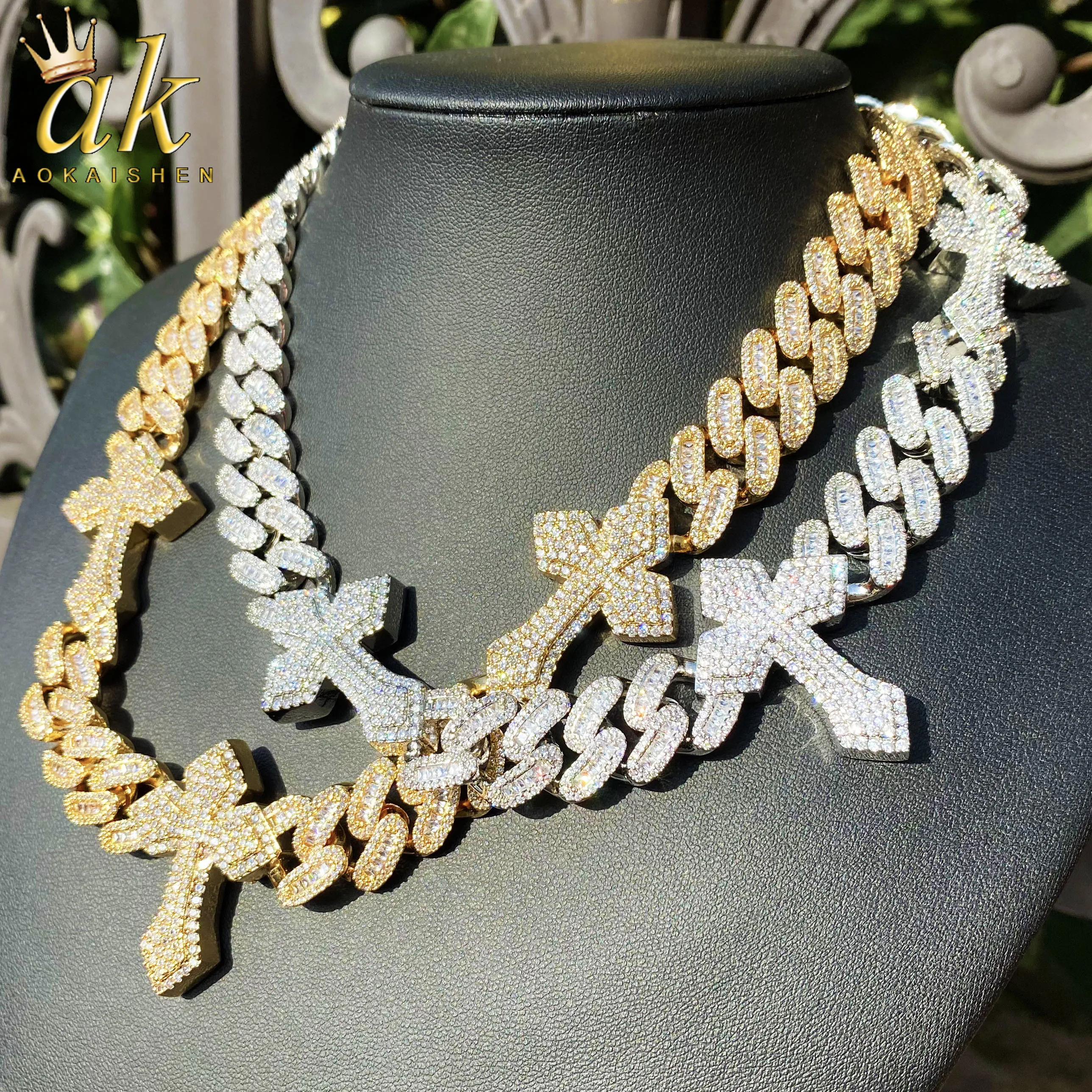 Aokaishen Iced Out Cuban Link Chain for Men Necklace Choker Cross Real Copper Cubic Zirconia Micro Pave Hip Hop Jewelry
