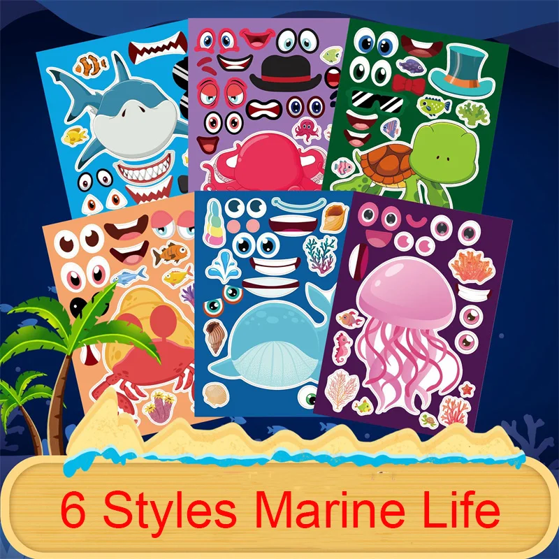 6-24Sheets Kids Stickers Creative Make A Shark Marine Life Face Jigsaw Stickers Children Puzzle DIY Toys Boys Girls Reward Gifts