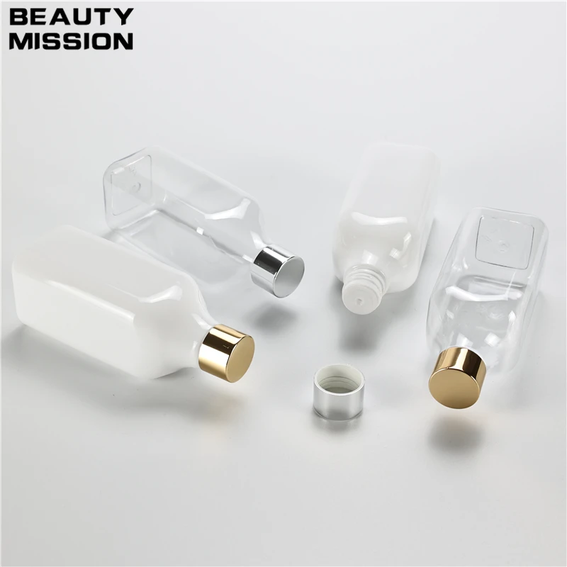 White Clear 250ML X 25 Empty Plastic Bottle With Gold Silver Anodized Aluminum Screw Cap Cleansing Oil Cosmetics Toner Container